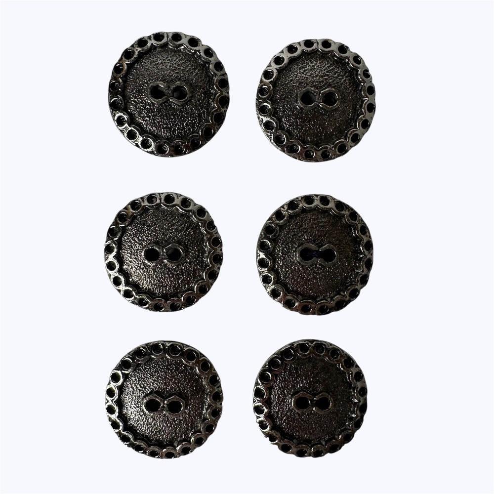 6 Vintage Metal Buttons 2 Hole Textured Round Scalloped Border 1" Salvaged